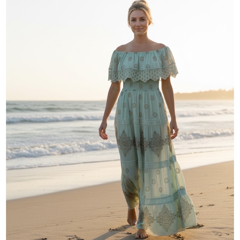 Ananta Tiered Dress Small Mint Gold Off Shoulder Ruffle Boho Fairy Celestial